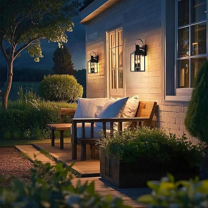 18.9" Black Motion Sensor Outdoor Wall Lantern, 2-Light Farmhouse Porch Light with Clear Glass Waterproof Exterior Light Fixture for Porch, Patio, and Garage 1 Pack Bulb Included
