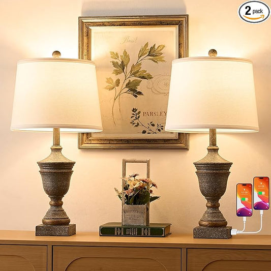 Retro Table Lamps Set of 2, 26.5'' Farmhouse Bedside Lamps with White Fabric Shades, Vintage Nightstand Lamps for Bedroom & Living Room, Bulbs Included
