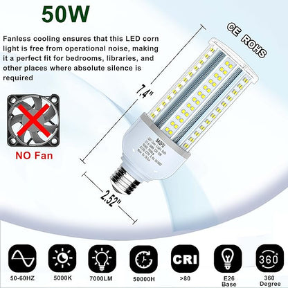 50W LED Corn COB Light Bulb, LED Corn Bulb 5000K Daylight White,2-Pack 500W Equivalent,Super Bright,E26 Base for Indoor Outdoor Workshop Garage Warehouse High Bay Lighting G3 (50W 2PACK)