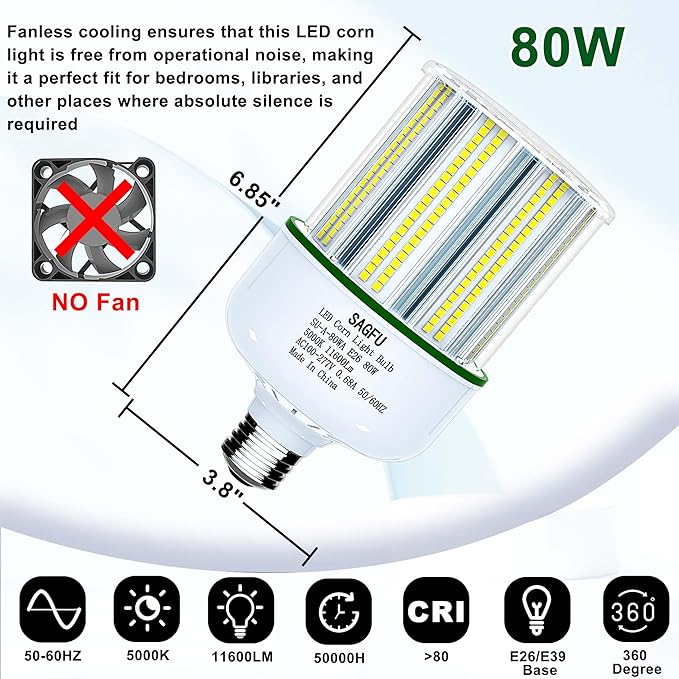 80W LED Corn COB Light Bulb,LED Corn Bulb 5000K Daylight White,2-Pack 800W Equivalent,Super Bright,E26/E39 Base for Indoor Outdoor Workshop Garage Warehouse High Bay Lighting G3 (80W 2PACK)