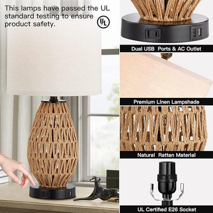 Touch Control Rattan Table Lamps, 3 Way Dimmable Bedside Lamps for Bedroom Set of 2 with 2 USB Ports and AC Outlet, Wicker Nightstand Lamps for Living Room (LED Bulbs Included), Rattan