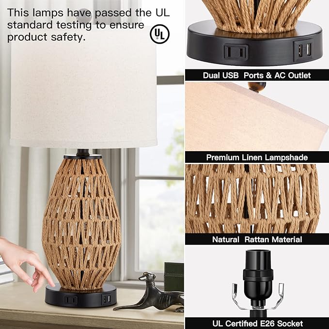 Touch Control Rattan Table Lamp, 3 Way Dimmable Bedside Lamp for Bedroom with 2 USB Ports and AC Outlet, Wicker Nightstand Lamps for Living Room(LED Bulb Included), Rattan-1PK