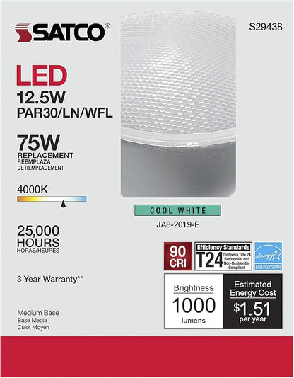 Satco S29438 12.5 Watt; PAR30LN LED; 4000K; 12-Pack California Compliant