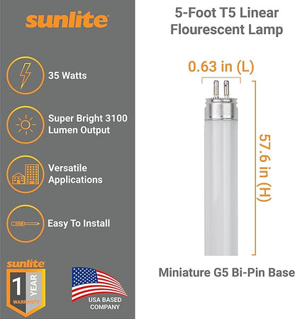 Sunlite 30387 F35T5/835 5 Foot T5 Linear Fluorescent Lamp, 35 Watts, 3100 Lumens, 3500K Neutral White, Miniature G5 Bi-Pin Base, ROHS Compliant, High Performance Straight Tube, 40 Pack