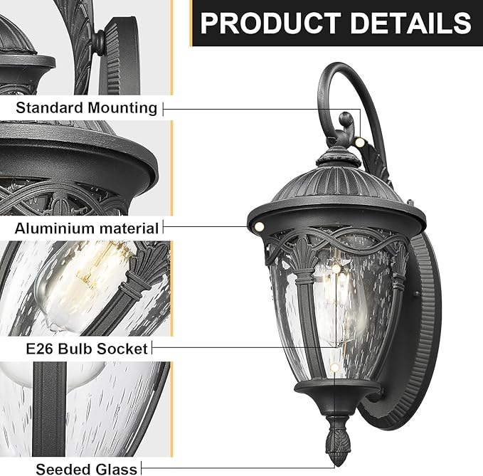 Outdoor Wall Lantern, Outdoor Lights Fixtures Wall Mount with Seeded Glass, Exterior Porch Lights, Waterproof Outside Wall Sconce Lights E26 Anti-Rust for House Front Porch Patio Garage