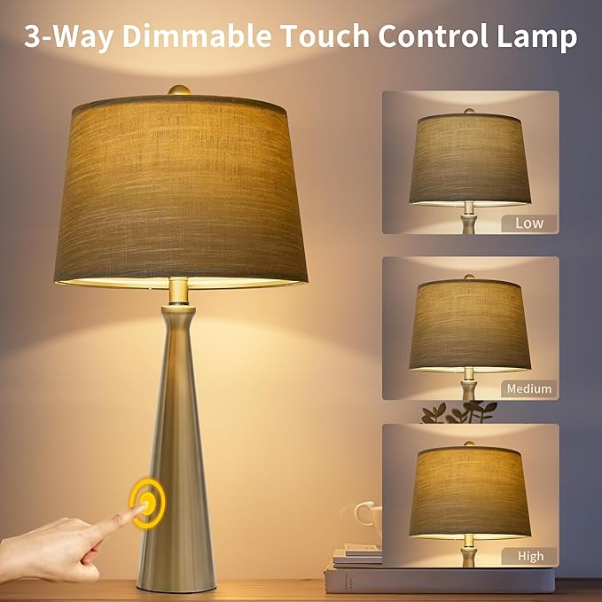 Oneach 25.75" Table Lamps Set of 2 for Living Room Bedroom, Bedside Lamp 3-Way Dimmable Touch Control, Modern Silver Nightstand Light Fabric Shade Vintage Accent Style