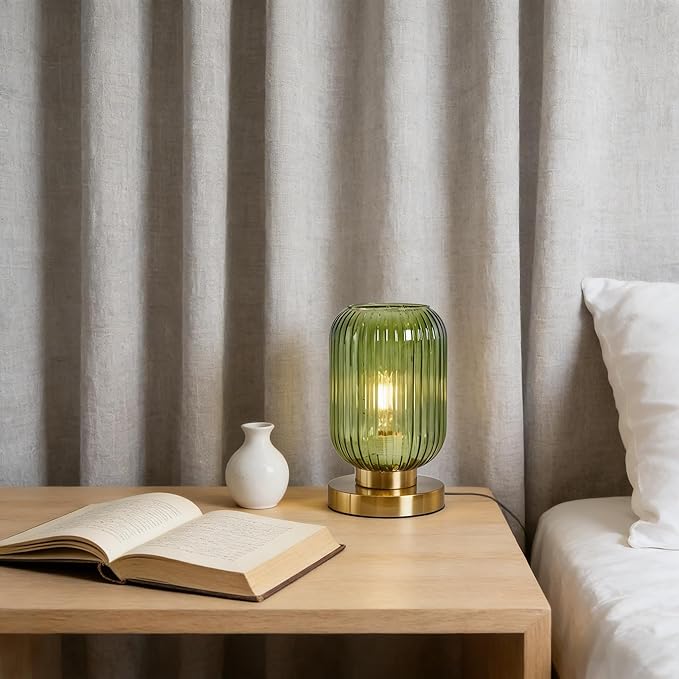 NKU Mid Century Modern Dimmable Table Lamp, Green Ribbed Glass Vintage Nightstand Lamp, Plug-in Bedside Lighting for Bedroom Living Room Office