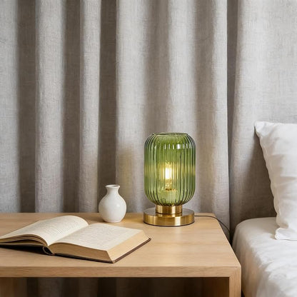 NKU Mid Century Modern Dimmable Table Lamp, Green Ribbed Glass Vintage Nightstand Lamp, Plug-in Bedside Lighting for Bedroom Living Room Office