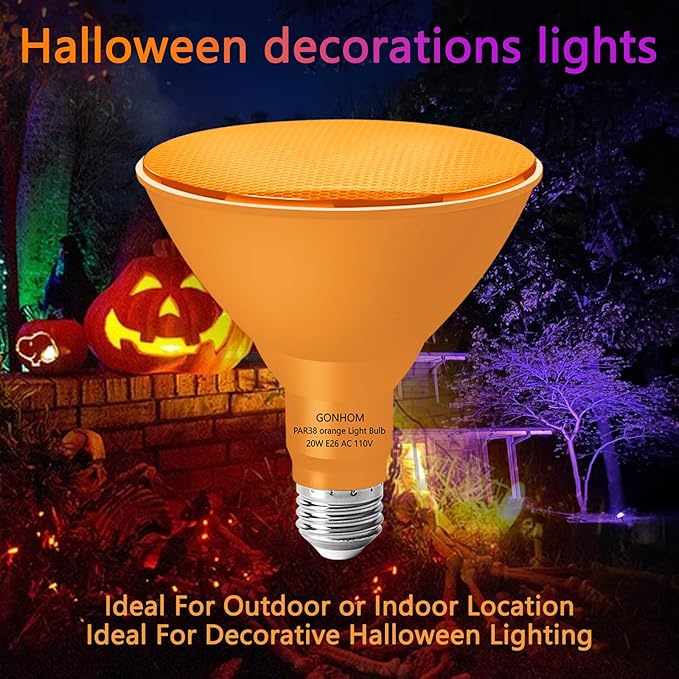 PAR38 Flood Lights Outdoor,Dimmable LED Flood Light Bulbs,20W(Equivalent to 200W),E26 Base,Outdoor Porch,Holiday Lighting,LED Flood Light Bulb for Halloween,Christmas,2 Pack Orange