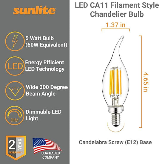 Sunlite LED Filament Chandelier Light Bulb with Flame Tip, UL Listed, 5 Watts (60W Equivalent), Candelabra Base (E12), Clear, Dimmable, 2700K Soft White, 12 Count