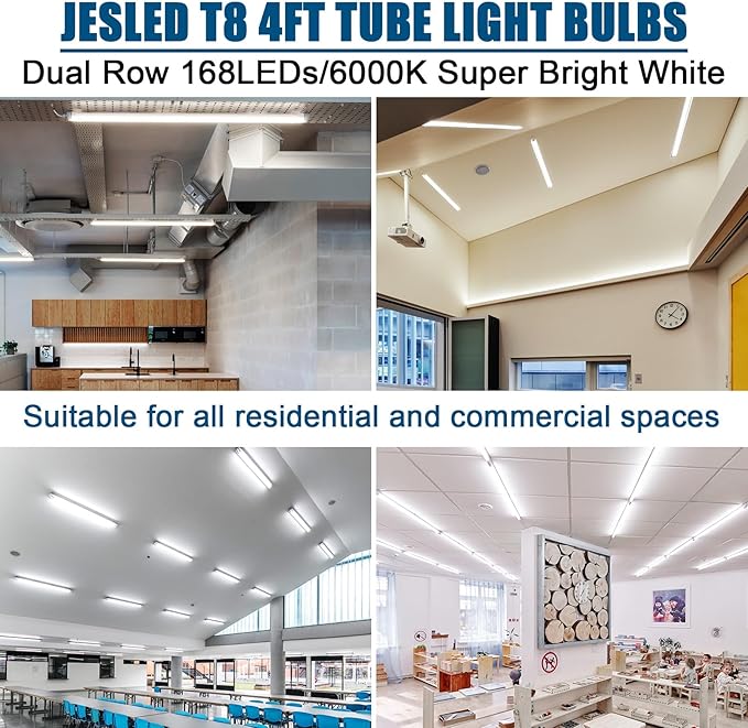 JESLED 4FT LED T8 Type A+B Tube Lights, 24W(65W Equivalent), 3200LM, 6000K, Single or Double End Powered, Plug and Play or Ballast Bypass, 4 Foot T10 T12 Fluorescent Bulbs Replacement, Frosted(4-Pack)
