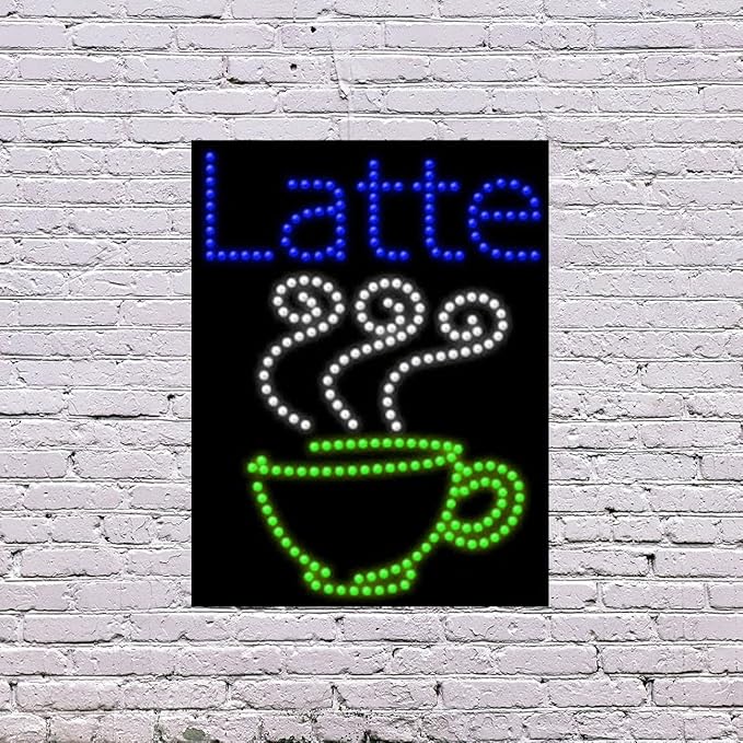 LED Latte Sign for Retail Business Displays |Advertising Electronic Light Up Sign for Windows Walls | 26"H x 20"W x 2"D