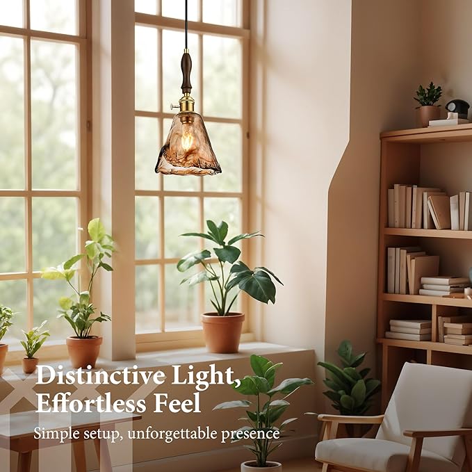 Modern Amber Glass Pendant Light, 6"x11.5" Floral Bell-Shaped Hanging Light with Wood Handle & Brass Cap, 15"-72" Adjustable Line, E26 Socket – Golden Amber Morning Glory