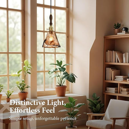 Modern Amber Glass Pendant Light, 6"x11.5" Floral Bell-Shaped Hanging Light with Wood Handle & Brass Cap, 15"-72" Adjustable Line, E26 Socket – Golden Amber Morning Glory