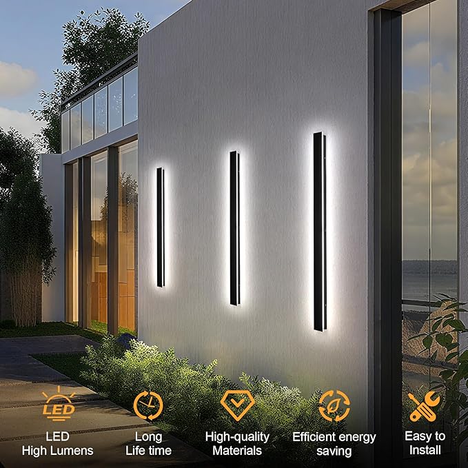 2pcs Modern Long Outdoor Wall Light 59.1in Black Exterior Wall Lighting IP65 Waterproof Garage Outdoor Wall Sconce 3000K-6000K Dimmable LED Lights Linear Wall Light for House Porch Patio