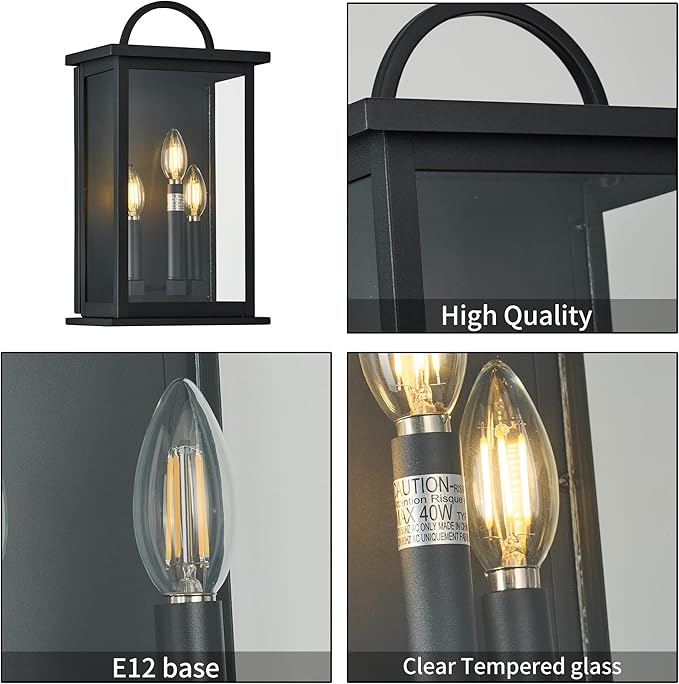 Outdoor Wall Light Fixture,3 -Light in Black Rectangular Metal Frame and Clear Glass Shade,Waterproof Exterior Sconce for Front Door, Porch, Garage,Bulbs Not Included