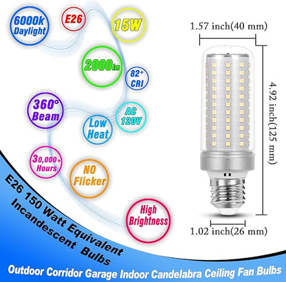 1.57 x 4.92 inch Big E26 LED Bulbs 15W LED Corn Light Bulbs 150 Watt Equivalent 2000 Lumen 6000K Daylight White for Outdoor Home attic Corridor Garage Warehouse Candelabra Ceiling Fan LED Bulbs,2Pack