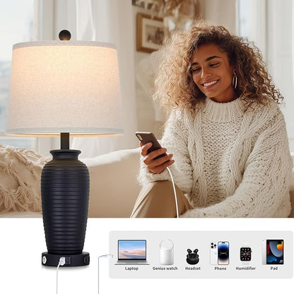 25" Retro Black Farmhouse Jar Table Lamps Set of 2, 3 Way Touch Control Rustic Bedside Lamps with USB A+C Ports & AC Outlet, Pot Nightstand Lamps for Bedroom Living Room (LED Bulbs Included)