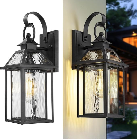 zeyu Exterior Wall Porch Light, 16.3 Inch Outdoor Wall Light Fixture for House in Black Finish, Die-Cast Aluminum with Water Ripple Glass, ZW114B BK-SW