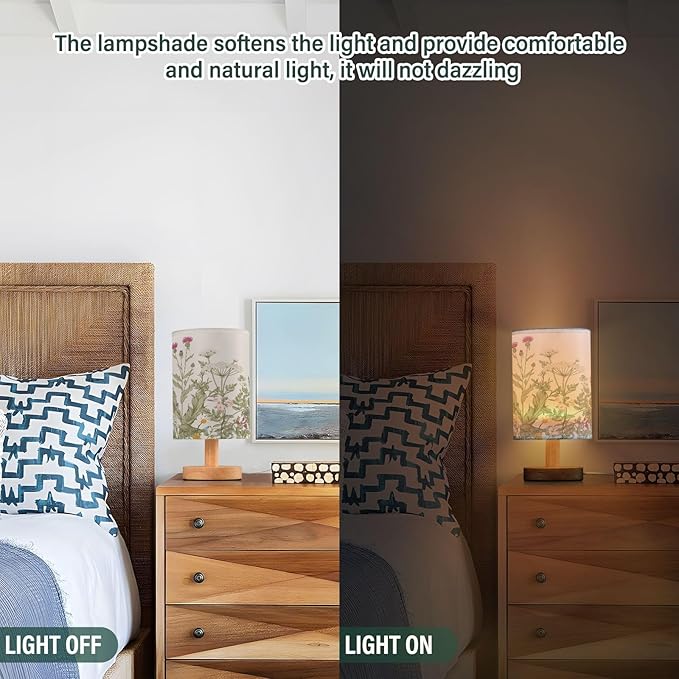 Bedside Lamp Flowers Herbs Wildflowers Botanical Table Lamp for Bedroom LED Nightstand Lamp Shade USB Ports Wood Base for Living Room Dorm Office