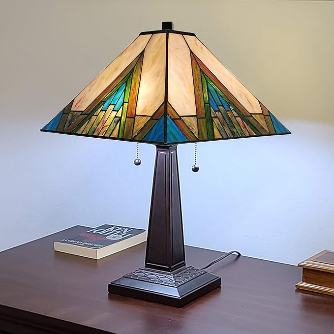 Tiffany Style Table Lamp Banker Mission 22" Tall Stained Glass Ivory Green Antique Vintage Light Decor Nightstand Living Room Bedroom Handmade Gift AM349TL14, 14 in Diameter Amora Lighting