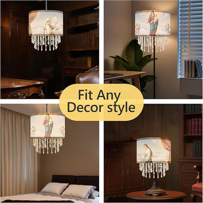 Madonna & Child Lamp Shade with Acrylic Bead Droplets, Drum Fabric Light Shade for Ceiling Pendant Table & Floor Lamps, Religious Catholic Christian Church Prayer, 11.8in