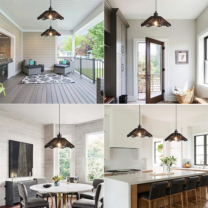 3 Pack Black Woven Pendant Light Fixtures,11.81" Rattan Pendant Lights Farmhouse Basket Light Fixture Adjustable Boho Hanging Lamp for Kitchen Island Bedroom Dining Room Foyer Hallway