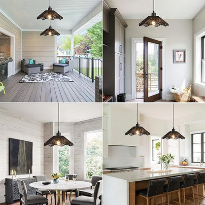 3 Pack Black Woven Pendant Light Fixtures,11.81" Rattan Pendant Lights Farmhouse Basket Light Fixture Adjustable Boho Hanging Lamp for Kitchen Island Bedroom Dining Room Foyer Hallway