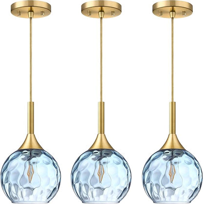 6.3" Texture Blue Glass Rod Pendant Light 3 Pack Pendant Ceiling Light Fixture Gold Finish Modern Farmhouse Dinning Over Sink Adjustable Height Rod