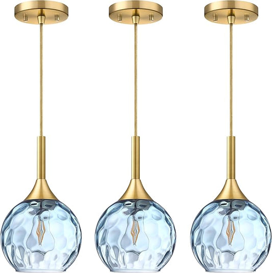 6.3" Texture Blue Glass Rod Pendant Light 3 Pack Pendant Ceiling Light Fixture Gold Finish Modern Farmhouse Dinning Over Sink Adjustable Height Rod