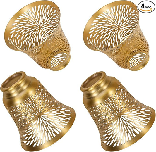 Ceiling Fan Replacement Globes, 4 Pack Chrysanthemum Pattern Fixture Replacement Globes Shades with 1-5/8" Fitter, ALUCSET 4.5" Height 4-3/4" Diameter, Metal Cover for Pendant Lamp-Yellow Brass&Gold