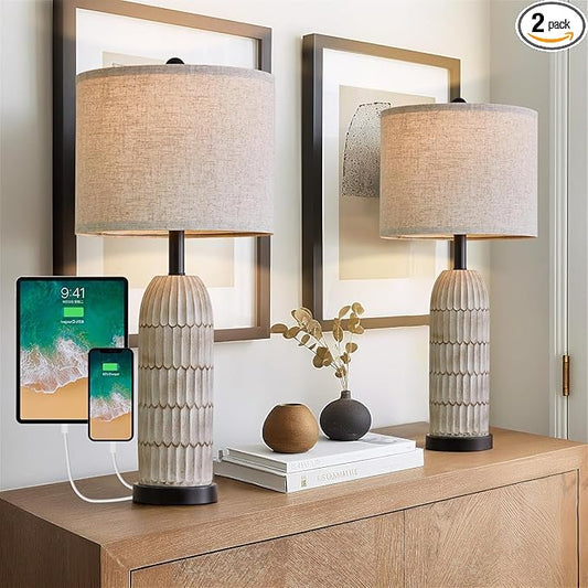 OYEARS 26.5" Table Lamps Set of 2 - Bedside Lamp with USB A+C Charging Ports,Rustic,Perfect for Nightstands and Bedrooms,Black