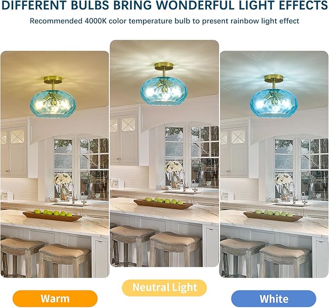 Blue Glass Semi Flush Mount Ceiling Light - 12 Inch Hammered Glass Hallway Light fixtures Ceiling, Vintage Gold Flush Mount Ceiling Light,Mid Century Light Fixture for Bedroom Entryway Kitchen
