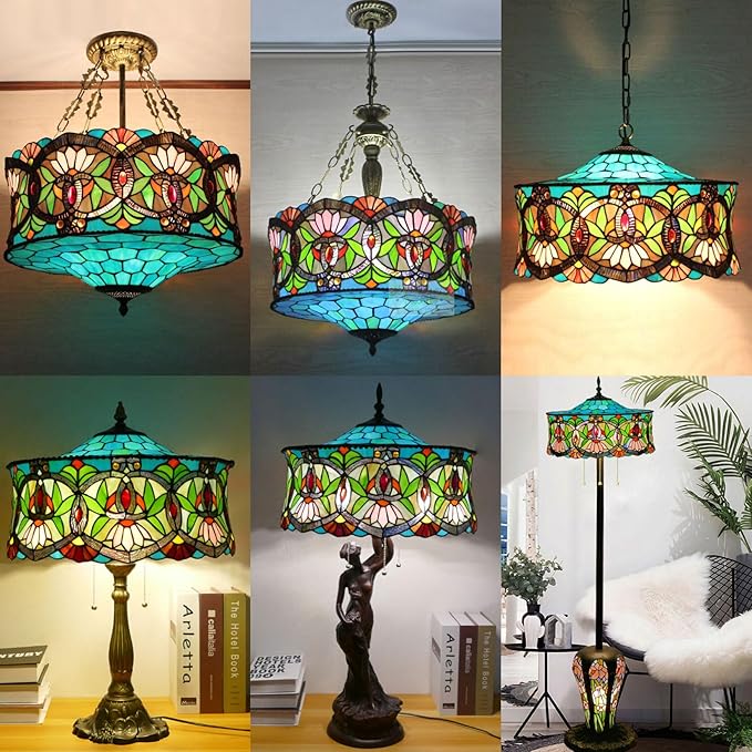 18 Inch Lamp Shade Replacement, Only Tiffany Style Stained Glass Lamp Chimney Straw Hat Floral Design, Baroque Rose Sunflower Orange Green Beige Fit for Table Lamp Pendant Light Floor Lamp,A