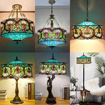 18 Inch Lamp Shade Replacement, Only Tiffany Style Stained Glass Lamp Chimney Straw Hat Floral Design, Baroque Rose Sunflower Orange Green Beige Fit for Table Lamp Pendant Light Floor Lamp,A