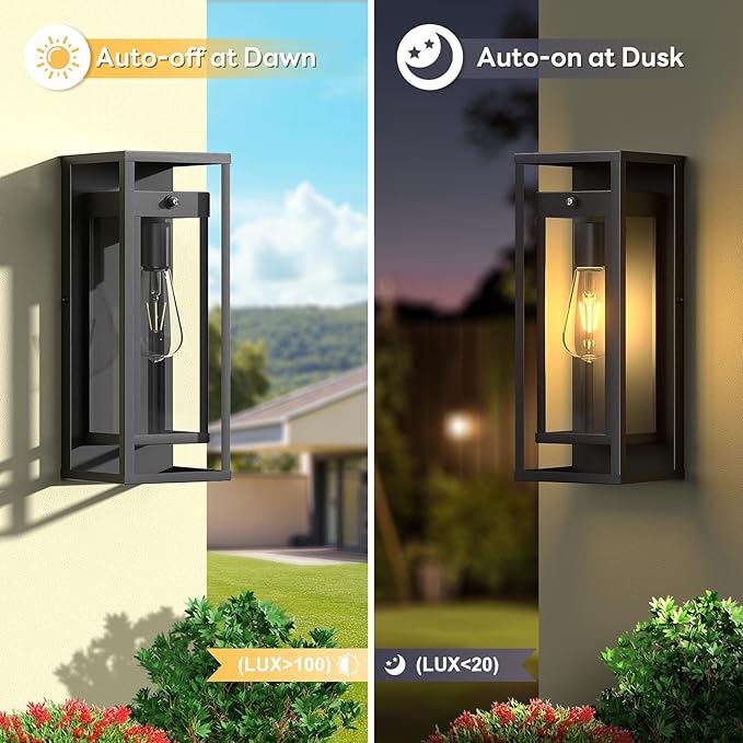 Dusk to Dawn Outdoor Wall Light 2Pack-15in Waterproof Large Porch Sconce Wall Mounted Modern Exterior Lighting Fixture E26 Black Lantern for Outside House Garage Entryway
