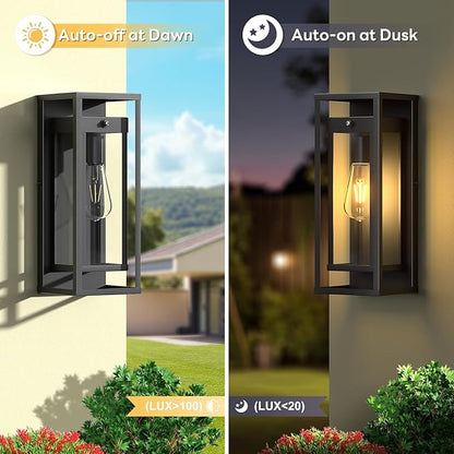 15in Dusk to Dawn Outdoor Wall Sconce-Black Modern Exterior Lighting Fixture Waterproof Porch Lights Large Outside Lantern Wall Mounted for Coach Doorway Patio E26 Base
