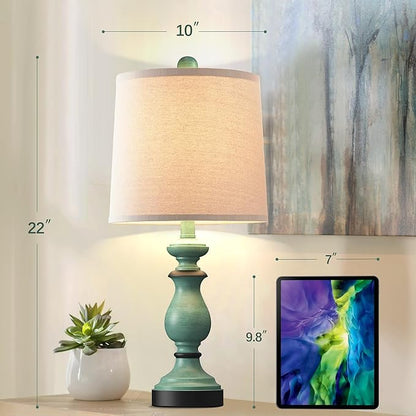 PARTPHONER Traditional Table Lamp Set of 2, Rustic Farmhouse Table Lamps for Living Room Bedroom, 22" Bedside Desk Lamps Vintage Nightstand Lamps with Linen Shades, Green