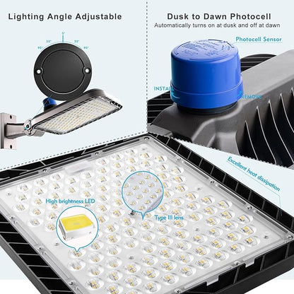 Lightdot 400W(486x1W) LED Parking Lot Light 5000K Arm Mount Parking Lot Lighting (60000Lm Eqv 1600W HPS) ETL Listed LED Pole Lights Outdoor with Smart Dusk to Dawn Photocell for Yard/Driveway-3Pack