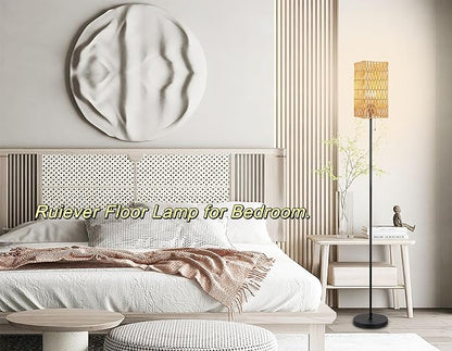 Floor Lamp for Living Room,Farmhouse Floor lamp,Modern Standing lamp with Hand-Worked Rattan Shade (Square Shade-3 Color Blub)