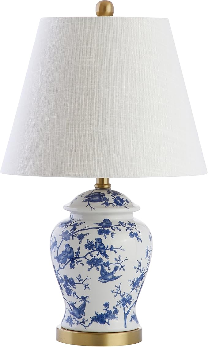 JONATHAN Y JYL3005A 22" French Country Ginger Jar Table Lamp, Blue and White Chinoiserie Ceramic Bedside Lamp for Living Room, Traditional Bedroom Nightstand with White Linen Shade, LED Bulb Included