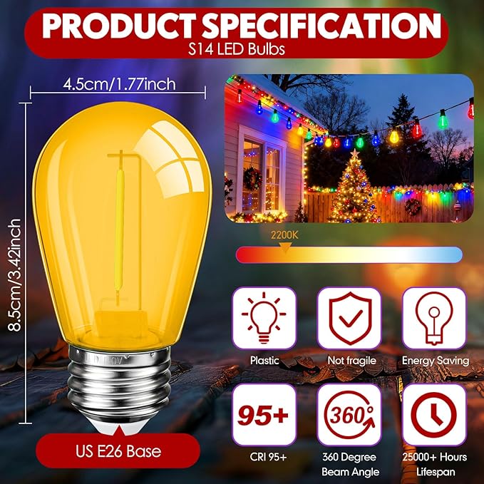 Mudder 60 Pack Light Bulbs 1w Replacement LED Light Bulbs S14 Shatterproof Waterproof String Lights Outdoor Indoor LED Lights Patio Bulb, E26 110v Regular Base(Multicolor,60 Pack)