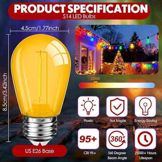 Mudder 60 Pack Light Bulbs 1w Replacement LED Light Bulbs S14 Shatterproof Waterproof String Lights Outdoor Indoor LED Lights Patio Bulb, E26 110v Regular Base(Multicolor,60 Pack)