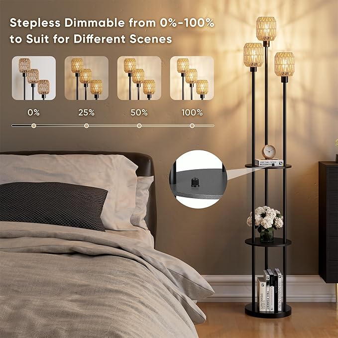 WIHTU 70" Boho Floor Lamp, Dimmable Rattan Floor Lamp with Shelves, 3 Lights Rustic Tall Lamps with Rotary Switch, Farmhouse Standing Lamps for Living Room, Bedroom，Office (Includes 3 Bulbs)