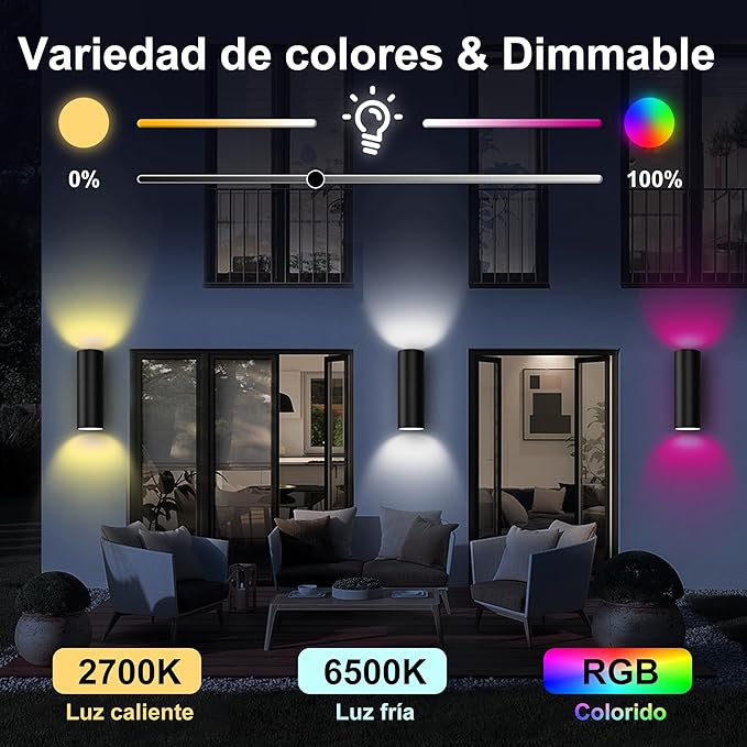 Smart Outdoor Up Down Wall Light, Bluetooth App & Remote Controlled Color Changing Porch Sconce, RGBCW LED 2700K-6500K Tunable White, Dimmable Waterproof Exterior Wall Light for House