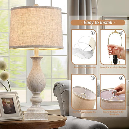Farmhouse Table Lamp Set of 2 for Bedroom Living Room with USB A+C, 28" Tall Vintage Rustic Traditional Nightstand Bedside Lamps Retro Side Table Lamps, Rotary Switch, Washed White, Bulb not included