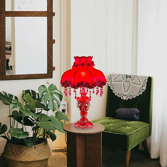 Elegant Table Lamp with Fabric Lampshade, Antique Flower Decorative Bedside Desk Lamp, Rose Decoration Night Light for Bedroom Nightstand