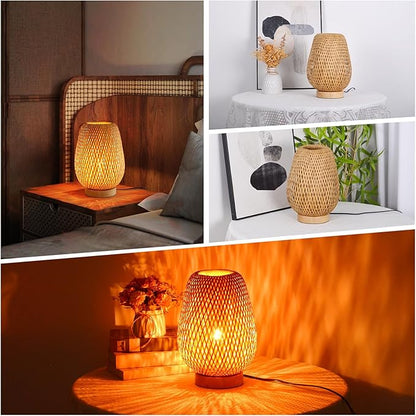 Bamboo Table Lamp for Bedroom,Boho Rattan Bedside Lamp, Vintage Wooden Wicker Nightstand Lamp Shade for Farmhouse, Desktop, Handmade Rustic Indirect Lighting