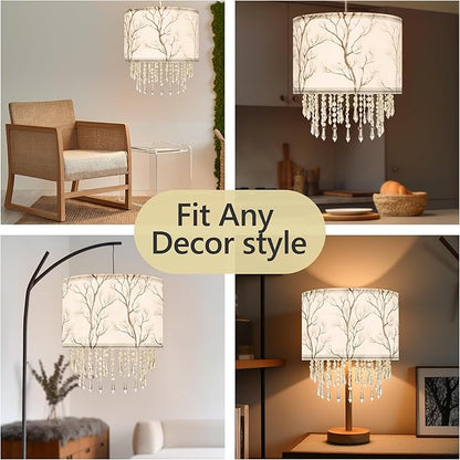 Winter Tree Branch Lamp Shade with Acrylic Bead Droplets, Branch Drum Fabric Light Shade for Pendant Table & Floor Lamp, Traditional Mordern Decor, 11.8in