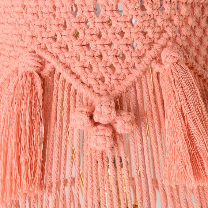 Pink Boho Woven Lamp Shade Bell Tassels Lampshade 7.5``Top x 12``Bottom x 11``High(Spider) Medium Handmade Lamp Shades for Table & Bedside Lamp - Easy Assemble
